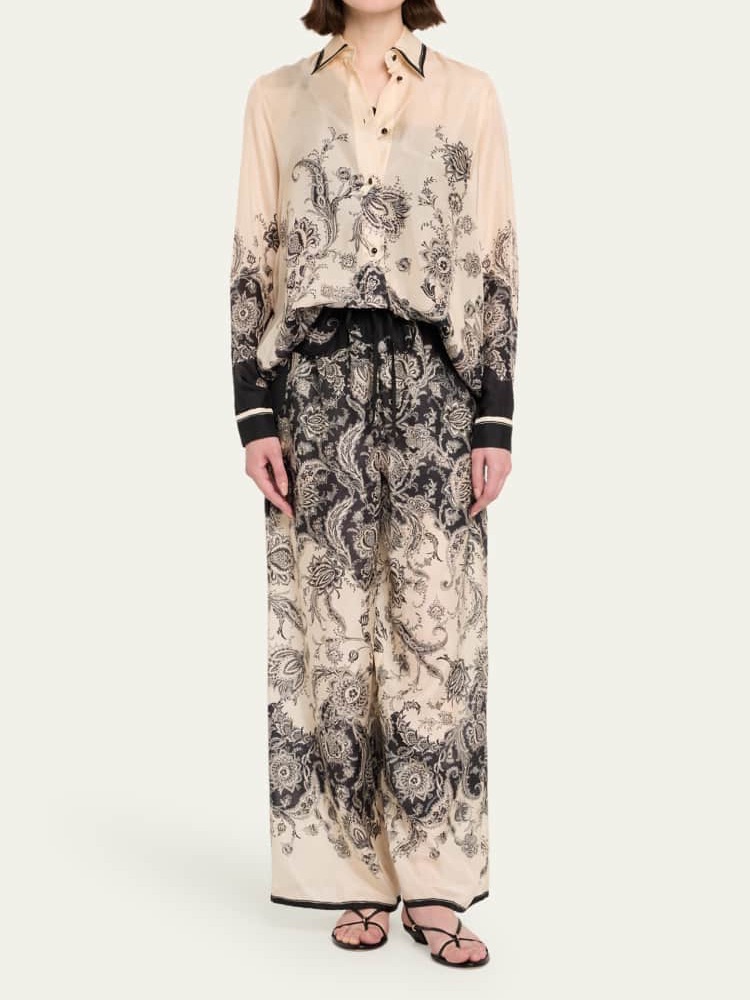 Set For Salezimmermann Black & Beige Paisley Wide-Leg Pants And Blouse